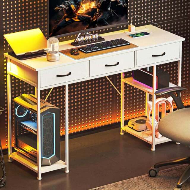 HOMCOM 3 Drawer 4 Shelf Computer Desk with Power Outlets White - Size: 76 x 40 x 120cm - Wilko - image 1