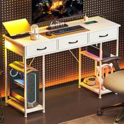 HOMCOM 3 Drawer 4 Shelf Computer Desk with Power Outlets White - Size: 76 x 40 x 120cm - Wilko