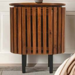 Brooklyn Slatted Single Door Mango Wood Bedside Table - Brown - Wilko