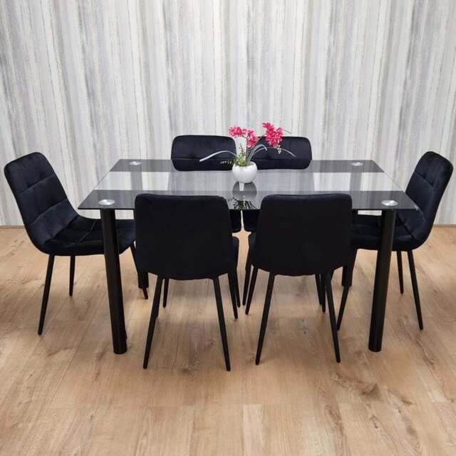 Portland Glass 6 Seater Velvet Dining Set Black - Wilko - image 1