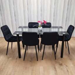Portland Glass 6 Seater Velvet Dining Set Black - Wilko