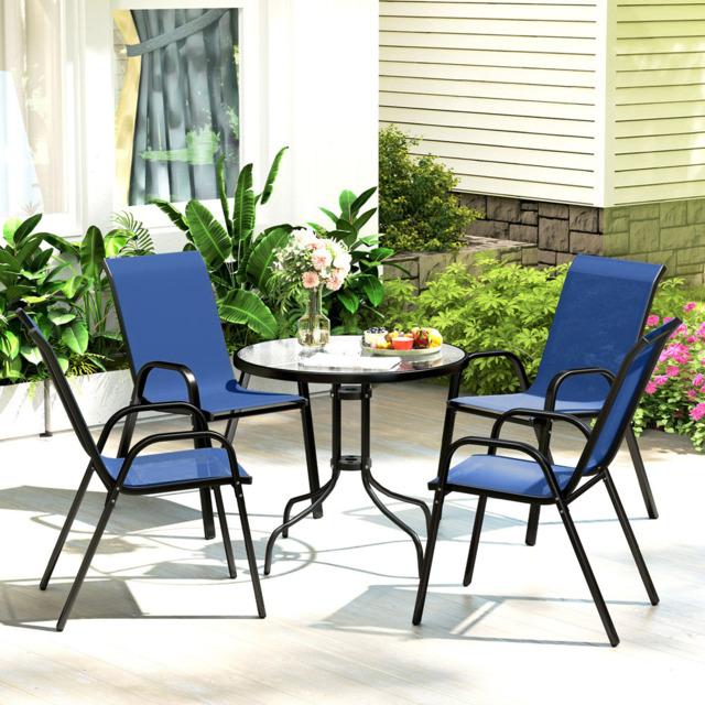 Outsunny 4 Seater Round Garden Dining Set with Parasol Hole Blue - Dark Blue - Wilko - image 1