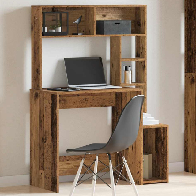 vidaXL 6 Shelf Study Desk Old Wood Effect - Size: 140 x 100 x 45cm - Brown - Wilko - image 1