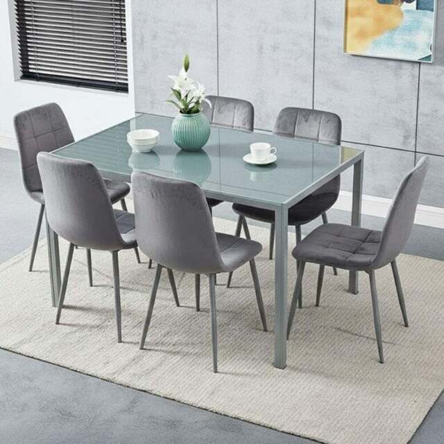 Kosy Koala 6 Seater Velvet and Glass Dining Table Grey - Wilko - image 1