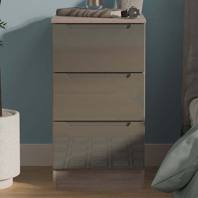Crowndale Milan 3 Drawer Grey Gloss and Grey Oak Bedside Cabinet Ready Assembled - Grey Gloss & Grey Oak - Wilko - image 1