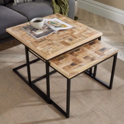 Home Source Reno Mango Wood and Metal Square Nest of Tables Set of 2 - Size: 50 x 65 x 65cm - Brown - Wilko