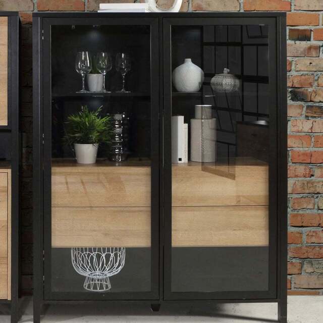 Florence High Rock 2 Door Matt Black and Riviera Oak Extra Wide Display Cabinet - Size: 40 x 121 x 152cm - Furniture to Go - Wilko - image 1