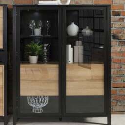 Florence High Rock 2 Door Matt Black and Riviera Oak Extra Wide Display Cabinet - Size: 40 x 121 x 152cm - Furniture to Go - Wilko