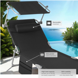 tectake Black Foldable Sun Lounger with Sun Canopy - Size: 111 x 68 x 161cm - Wilko - thumbnail 5