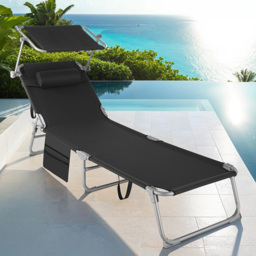 tectake Black Foldable Sun Lounger with Sun Canopy - Size: 111 x 68 x 161cm - Wilko