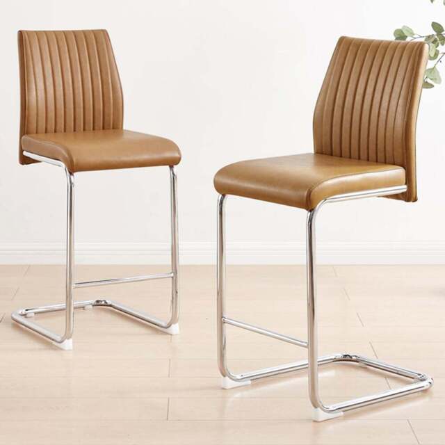 Furniturebox Fontana Tan Faux Leather and Silver Leg Counter Stools Set of 2 - Brown - Wilko - image 1