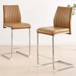 Furniturebox Fontana Tan Faux Leather and Silver Leg Counter Stools Set of 2 - Brown - Wilko - thumbnail 1