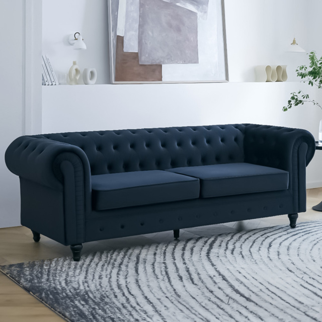 Home Detail Chesterfield 3 Seater Pleat Midnight Blue Velvet Sofa - Wilko - image 1