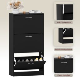 Vida Black 3-Drawer Shoe Cabinet Rack - Size: 24cm x 60 x 118cm - Wilko - thumbnail 6