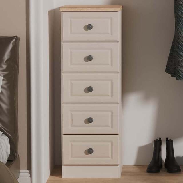 Crowndale Norfolk 5 Drawer Kashmir Ash and Bardolino Oak Tall Bedside Cabinet Ready Assembled - Kashmir Ash & Bardolino Oak - Wilko - image 1