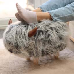 Gardeco Kaytie The Highland Cow Mottled Grey Synthetic Fur Footstool - Size: 36 x 61 x 32cm - Wilko