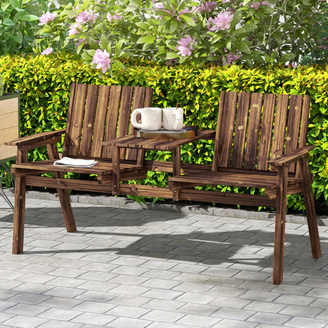 Outsunny 2 Seater Carbonised Wooden Garden Bench with Armrests - Size: 83 x 70 x 152cm - Brown - Wilko - image 1
