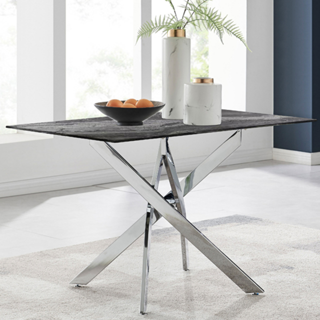 Furniturebox Tavalo 4 Seater Glass Dining Table Marble Effect and Silver - Grey - Wilko - image 1