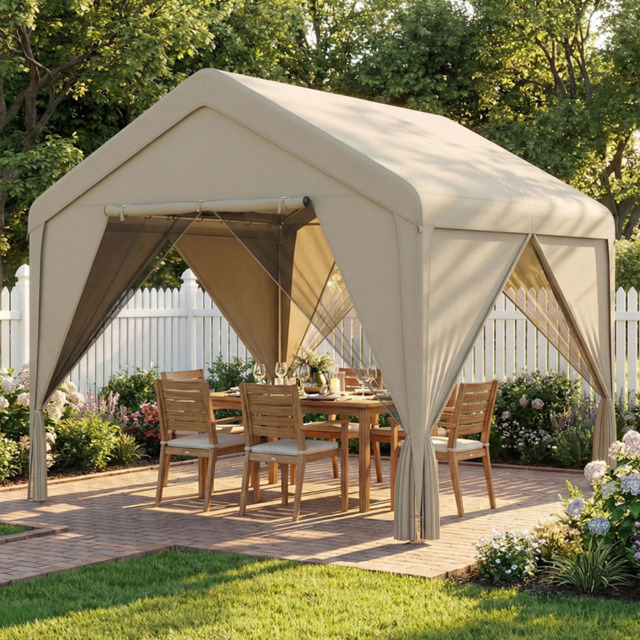 Outsunny 3 x 3m Khaki Garden Gazebo with Mesh Netting and Curtains - Wilko - image 1
