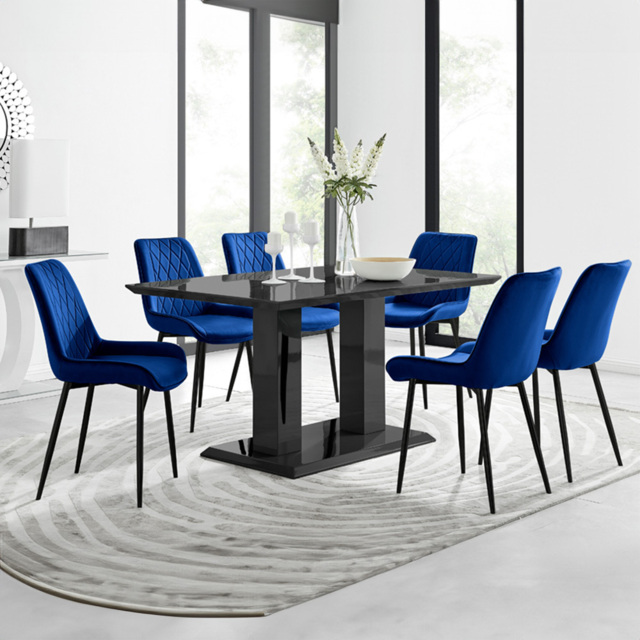 Furniturebox Molini Cesano 6 Seater Dining Set Black Gloss and Navy - Blue - Wilko - image 1