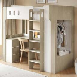 Flair Willow White and Oak High Sleeper Bed with Desk and Storage - Size: 178.3 x 109.9 x 212.5cm - Wilko