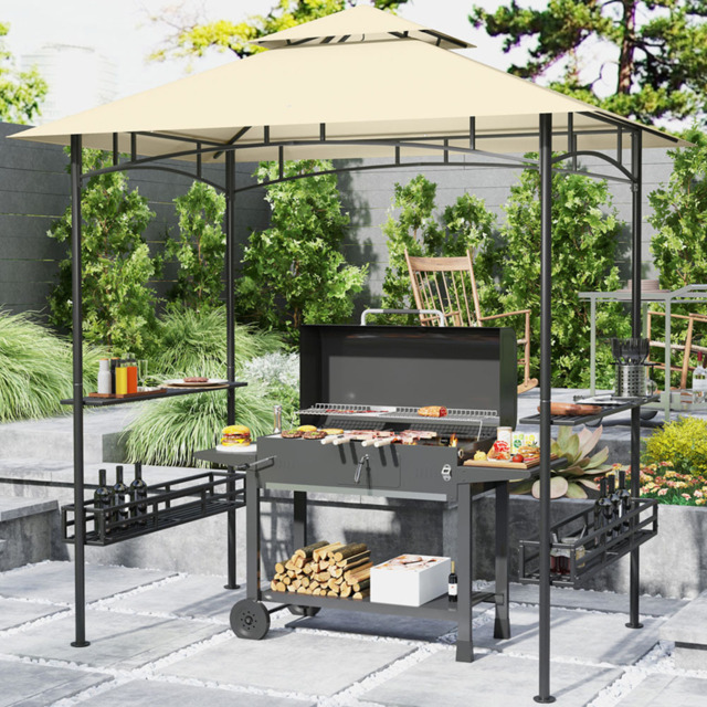 Outsunny 1.5 x 2.4m Beige Grill Canopy Gazebo with 2 Side Shelves and Hook - Cream - Wilko - image 1