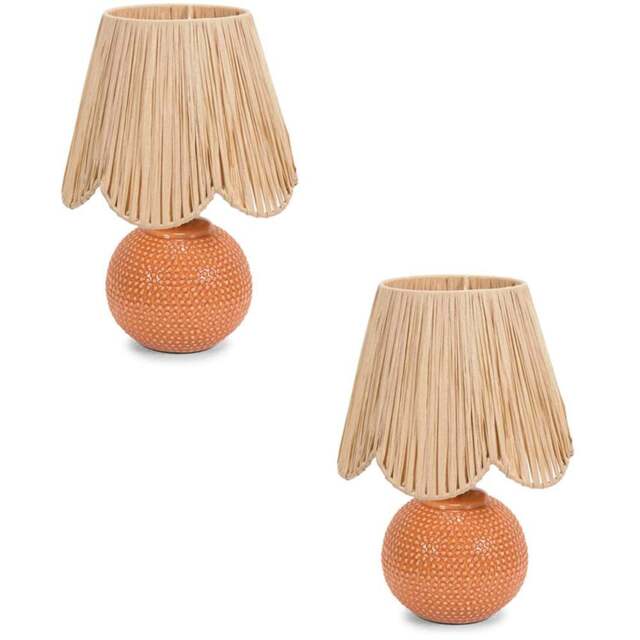 ValueLights Sebby Raffia Lamp Shade Ceramic Globe Textured LED Table Lamp 2 Pack - Size: 32 x 23 x 23cm - Orange - Wilko - image 1