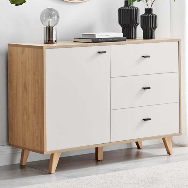 Furniturebox Billet Single Door 3 Drawer Off White and Wood Effect Medium Sideboard - Size: 39.6 x 107.4 x 39.6cm - Wilko - image 1