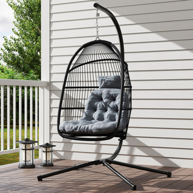 Outsunny Dark Grey Rattan Hanging Egg Chair with Stand and Cushion - Size: 196 x 100 x 107cm - Wilko - image 1