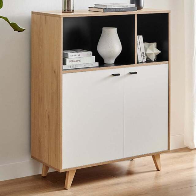 Furniturebox Billet 2 Door 2 Shelf Off White and Wood Effect Small Sideboard - Size: 39.6 x 87.4 x 39.6cm - Wilko - image 1