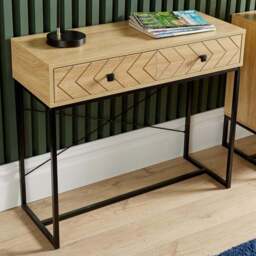Home Source 2 Drawer Oak Effect Aztec Design Console Table with Metal Legs - Size: 76 x 90 x 35cm - Grey - Wilko