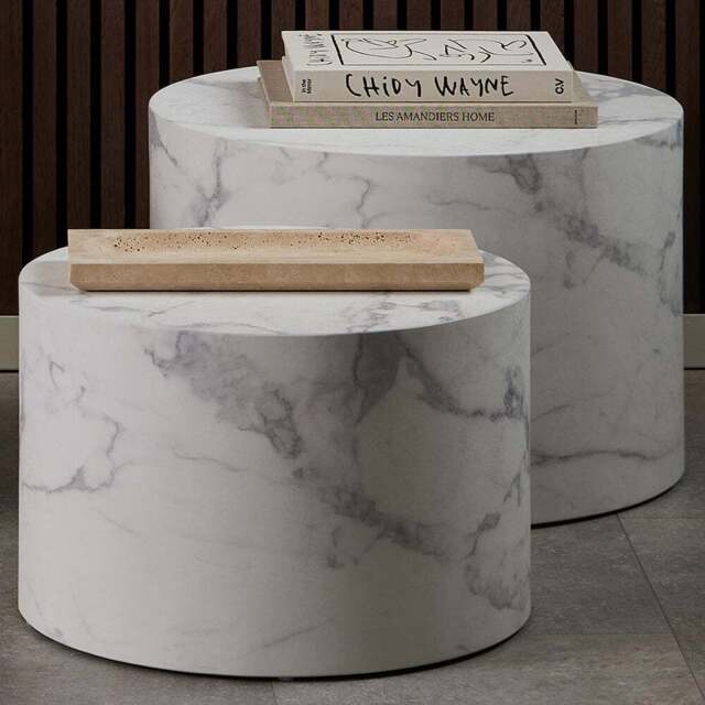 Florence Dice White Marble and Carrara Rough Paper Effect Round Coffee Table Set of 2 - Size: 40 x 58 x 58cm - Furniture To Go - Wilko