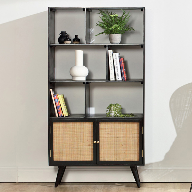 Desser Manhattan 2 Door 6 Shelf Black Rattan and Mango Wood Bookcase - Wilko - image 1