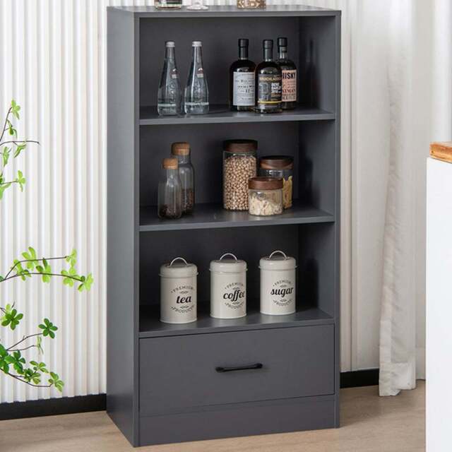 Costway Single Drawer 3 Shelf Grey Wooden Bookshelf - Size: 130 x 53 x 16cm - Wilko - image 1
