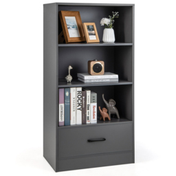 Costway Single Drawer 3 Shelf Grey Wooden Bookshelf - Size: 130 x 53 x 16cm - Wilko - thumbnail 3
