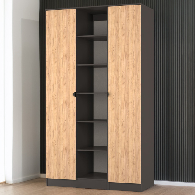 Crowndale Bora 2 Door 6 Shelf Gold Oak and Graphite Triple Wardrobe - Grey - Wilko - image 1