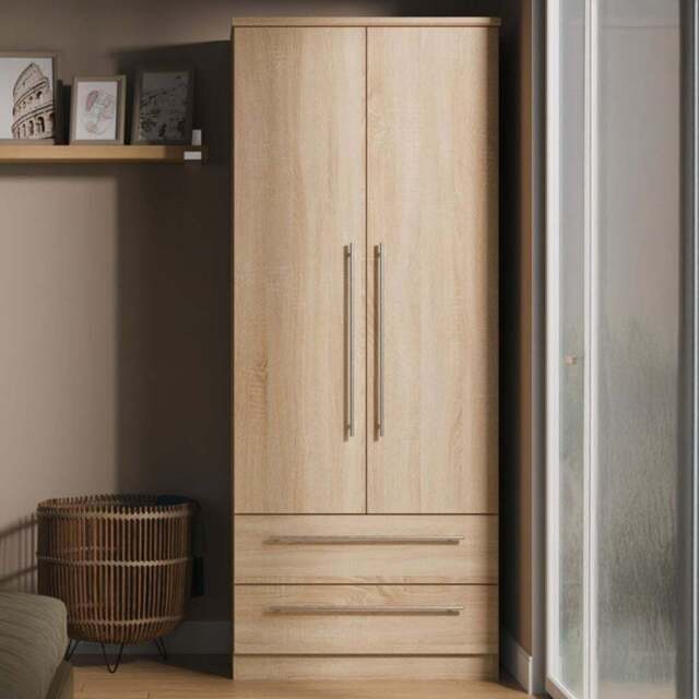Crowndale Sherwood 2 Door 2 Drawer Bardolino Oak Double Wardrobe - Size: 2 Door, 2 Drawer - Brown - Wilko - image 1