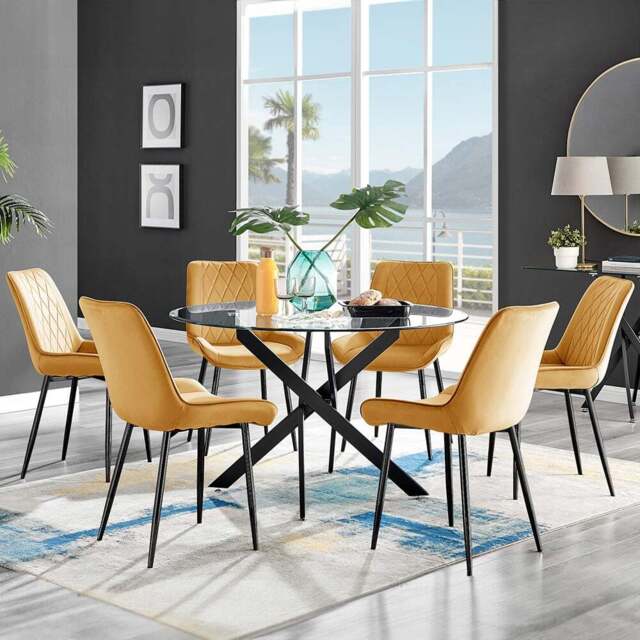 Furniturebox Arona Cesano 6 Seater Round Dining Set Mustard and Black - Yellow - Wilko - image 1