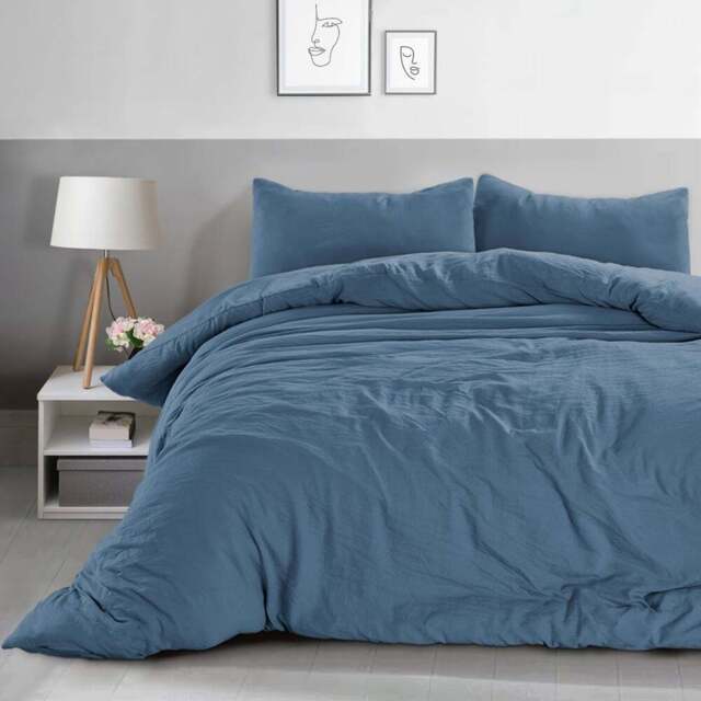 Velosso Washed Linen Look King Size Denim Blue Duvet Set - Wilko - image 1