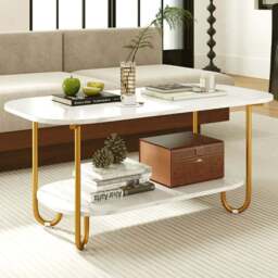 Costway Single Shelf White Faux Marble Coffee Table - Size: 100 x 50 x 45cm - Wilko