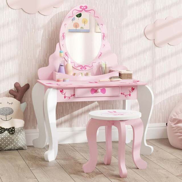 AIYAPLAY 2 Piece Pink Round Mirror Kids Dressing Table Set - Size: 89 x 45 x 65cm - Wilko - image 1