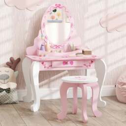 AIYAPLAY 2 Piece Pink Round Mirror Kids Dressing Table Set - Size: 89 x 45 x 65cm - Wilko