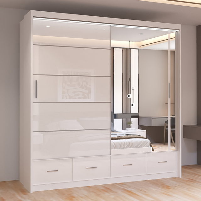 Sliding Wardrobes 4U Sycylia 2 Door 4 Drawer White High Gloss Mirrored Wardrobe 203cm - Size: 2 Door, 4 Drawer - Wilko - image 1