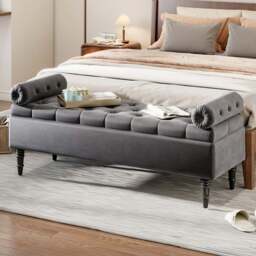 Living and Home Grey Upholstered Flip Top Storage Bench with Side Arms - Size: 46 x 126 x 44cm - Wilko