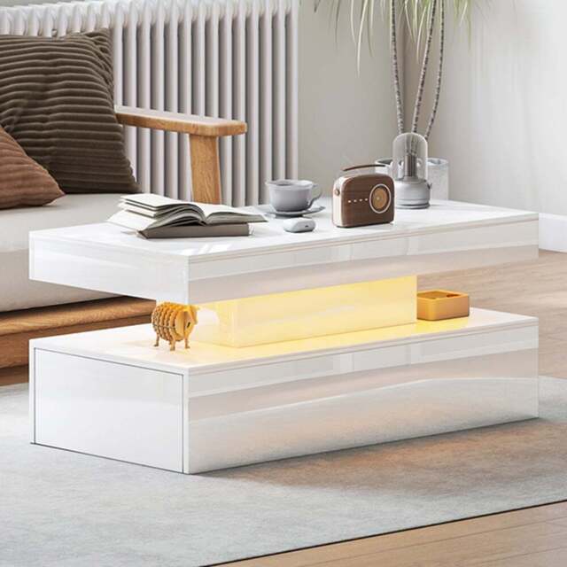 HOMCOM White High Gloss LED Coffee Table with Storage - Size: 42 x 48 x 95cm - Wilko - image 1