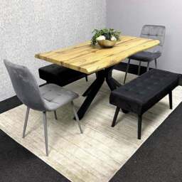 Portland 6 Seater Black and Grey Wood Dining Set with Velvet Chairs and Bench - Multi - Wilko
