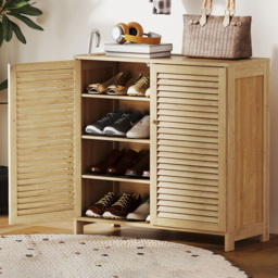 Portland 2 Door Natural Bamboo Louvred Shoe Cabinet - Size: 80 x 35 x 80cm - Natural wood finish - Wilko - thumbnail 1
