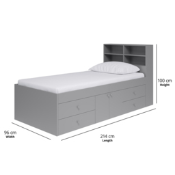 Kudl Captain Single 2 Door 4 Drawer Grey Cabin Bed with Bookcase Headboard - Wilko - thumbnail 6