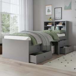 Kudl Captain Single 2 Door 4 Drawer Grey Cabin Bed with Bookcase Headboard - Wilko