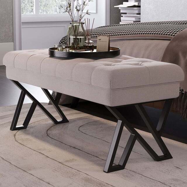 Living and Home Cream Mid Century Metal Upholstered Bench - Wilko - image 1